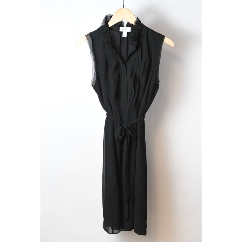Ann Taylor LOFT Women's Size 6 Black Pleated Sleeveless Dress with Waist Tie